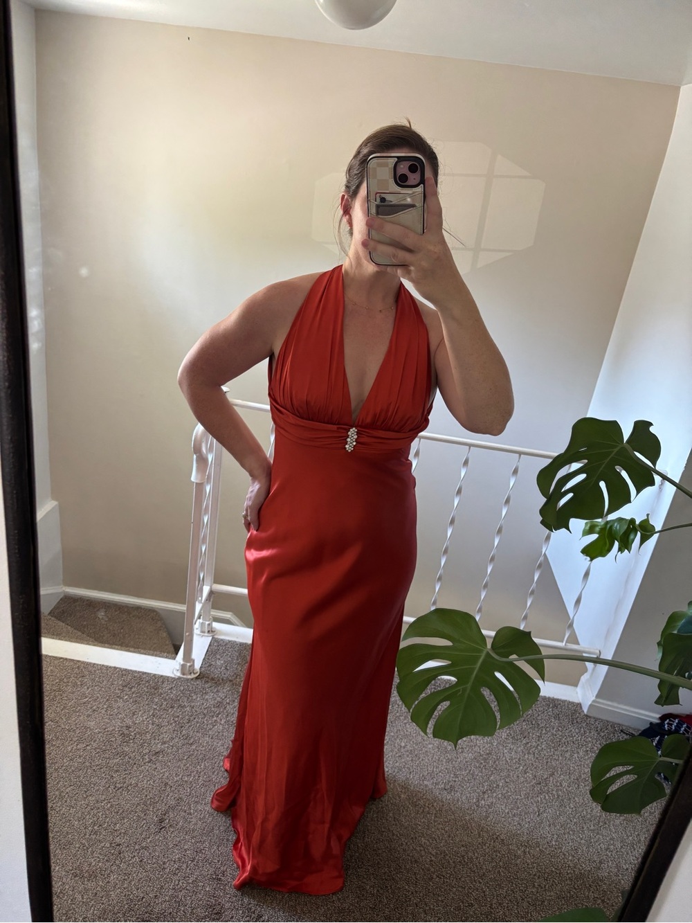 Betsy & Adam Orange-Red Halter Maxi Gown